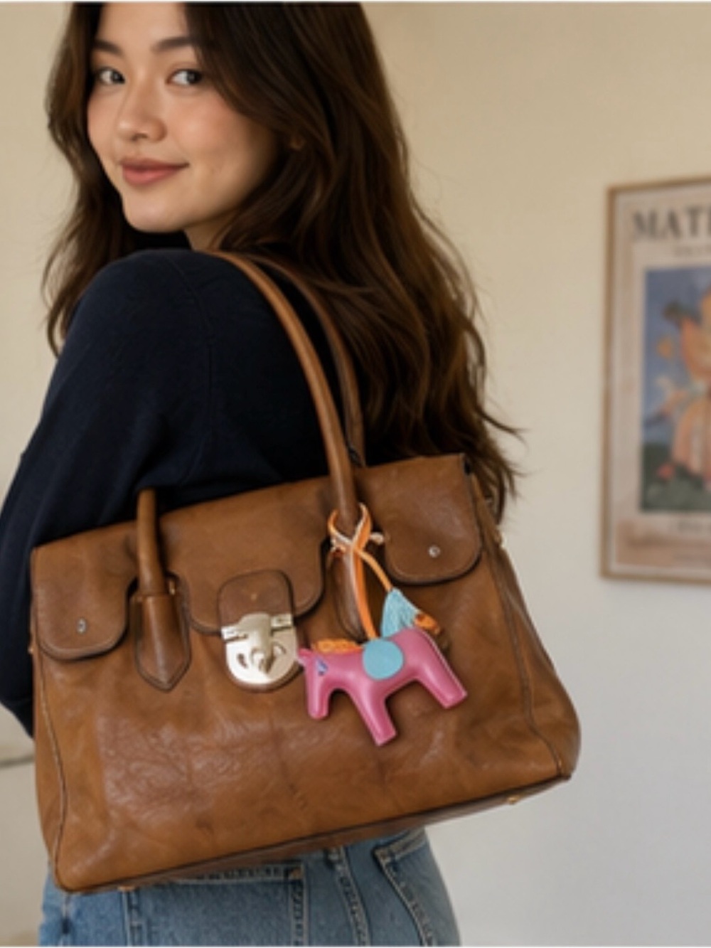 Genuine Brown Leather Handbag with Pink Pony Charm